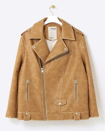 RIVER ISLAND Brown Oversized Faux Leather Biker Jacket ~ womens relaxed jackets with zip and stud details - flipped