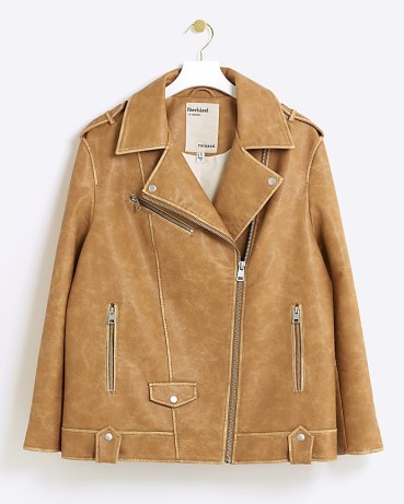 RIVER ISLAND Brown Oversized Faux Leather Biker Jacket ~ womens relaxed jackets with zip and stud details