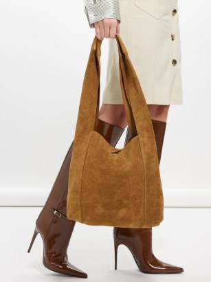 Saint Laurent Tanger brown suede shoulder bag | chic boho styke bags - flipped