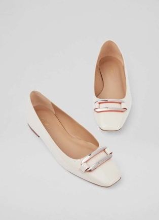 L.K. BENNETT Cayden Cream Patent Leather Silver Bar Flats ~ glossy chic vintage style flat shoes