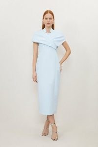 Karen Millen Clean Tailored Wrap Cape Sleeve Midi Pencil Dress in Pale Blue – spring occasion clothes – chic summer event clothing