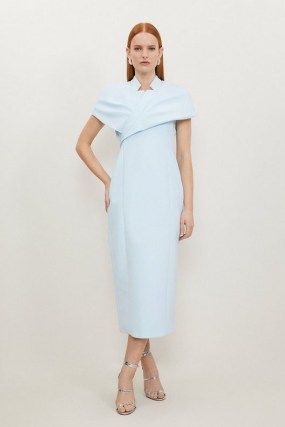 Karen Millen Clean Tailored Wrap Cape Sleeve Midi Pencil Dress in Pale Blue – spring occasion clothes – chic summer event clothing - flipped
