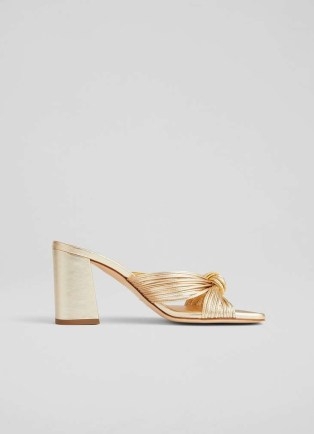 L.K. BENNETT Coletta Gold Strappy Mules ~ metallic faux leather mule sandals ~ block heel knot front sandal - flipped