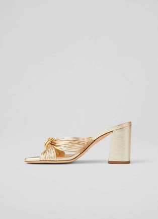 L.K. BENNETT Coletta Gold Strappy Mules ~ metallic faux leather mule sandals ~ block heel knot front sandal