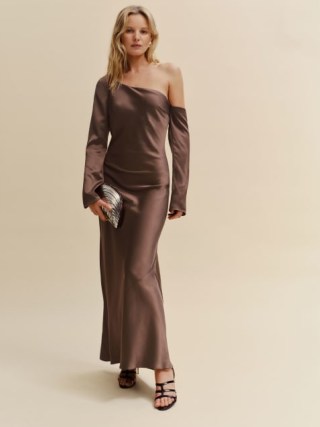 The Reformation Agustina Dress in Cafe ~ brown fluid one shoulder maxi dresses ~ chic occasionwear ~ silky asymmetric occasion fashion ~ luxe evening clothes