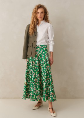 ME and EM Cotton Poplin Lantana Print Maxi Skirt in Green/Pink/Multi ~ green and pink floral fit and flare skirts - flipped