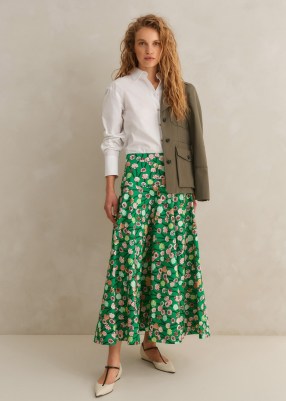 ME and EM Cotton Poplin Lantana Print Maxi Skirt in Green/Pink/Multi ~ green and pink floral fit and flare skirts