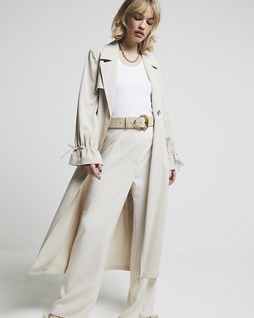 River Island Cream Tie Cuff Belted Duster Coat | women’s chic longline trench coats