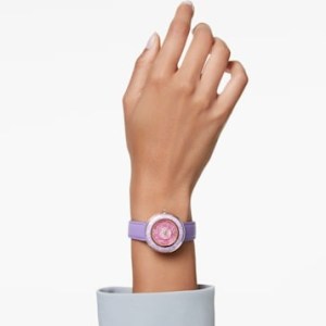 SWAROVSKI Crystalline Lustre watch Swiss Made, Purple Leather strap, Rose gold-tone finish ~ women’s crystal watches with dark lilac straps - flipped