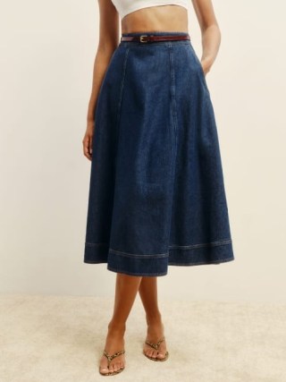 Reformation Delilah Denim Midi Skirt in Roosevelt – dark blue A-line skirts - flipped