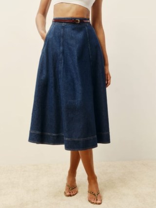 Reformation Delilah Denim Midi Skirt in Roosevelt – dark blue A-line skirts