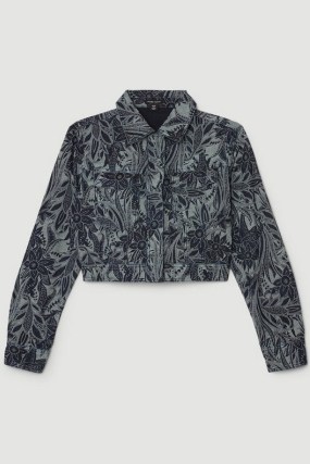 KAREN MILLEN Denim Floral Jacquard Woven Jacket in Blue ~ cropped collared jackets - flipped