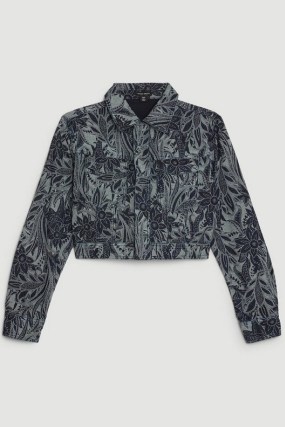 KAREN MILLEN Denim Floral Jacquard Woven Jacket in Blue ~ cropped collared jackets