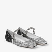 JIMMY CHOO Diamond Tilda Flat Silver Coarse Glitter Flats with Chain Detail / glittering shoes