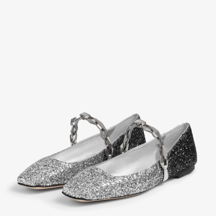 JIMMY CHOO Diamond Tilda Flat Silver Coarse Glitter Flats with Chain Detail / glittering shoes - flipped