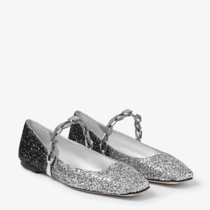 JIMMY CHOO Diamond Tilda Flat Silver Coarse Glitter Flats with Chain Detail / glittering shoes