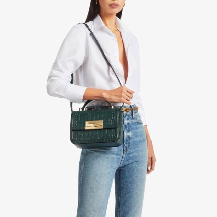 JIMMY CHOO Diamond Top Handle Bag in Dark Green Crocodile Embossed Leather / croc effect shoulder bags / animal print handbag