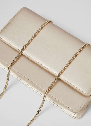 L.K. BENNETT Dolly Gold Leather Clutch Bag / chain shoulder strap handbag / metallic occasion bags - flipped