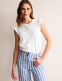 Boden Dora Flutter Sleeve Top White, Lemons ~ fruit embroidered tee ~ feminine T-shirts ~ cute cap sleeved T-shirt ~ women’s cotton tops