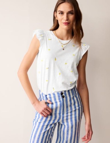 Boden Dora Flutter Sleeve Top White, Lemons ~ fruit embroidered tee ~ feminine T-shirts ~ cute cap sleeved T-shirt ~ women’s cotton tops - flipped