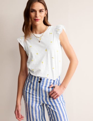 Boden Dora Flutter Sleeve Top White, Lemons ~ fruit embroidered tee ~ feminine T-shirts ~ cute cap sleeved T-shirt ~ women’s cotton tops