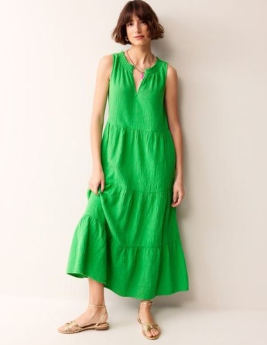 Boden Double Cloth Maxi Tiered Dress in Kelly Green – sleeveless long length summer dresses - flipped