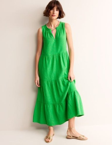Boden Double Cloth Maxi Tiered Dress in Kelly Green – sleeveless long length summer dresses