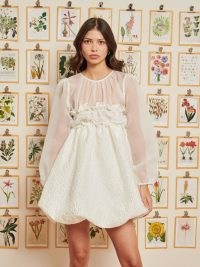 sister jane DREAM DELIGHTFUL THINGS Isabella Jacquard Mini Dress Pearled White – sheer organza bubble hem party dresses – romantic style occasion fashion – romance inspired clothing