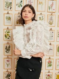 sister jane Isabella Ruffle Top Pearled White – ruffled floral lace tops – romantic blouses with oversized ruffles