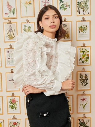 sister jane Isabella Ruffle Top Pearled White – ruffled floral lace tops – romantic blouses with oversized ruffles - flipped
