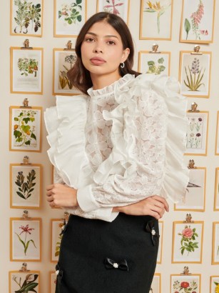 sister jane Isabella Ruffle Top Pearled White – ruffled floral lace tops – romantic blouses with oversized ruffles