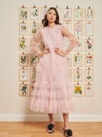 sister jane DREAM DELIGHTFUL THINGS Treasure Tulle Midi Dress Powder Pink – semi sheer ruffle trim party dresses – romantic occasion fashion