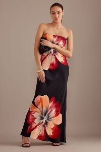 Anthropologie Strapless Satin Maxi Slip Dress in Black Motif ~ long length silky floral bandeau neckline dresses ~ evening glamour