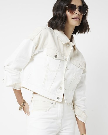 River Island Ecru Crop Denim Jacket | women’s casual off white jackets - flipped