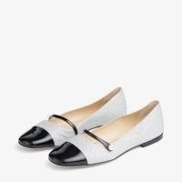 JIMMY CHOO Elisa Flat Silver Fine Glitter and Black Patent Leather Flats / glittering ballerina shoes / chic retro style ballerinas / luxury vintage inspired footwear