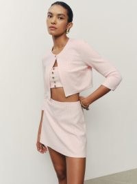 The Reformation Elosia Knit Three Piece in Pink ~ mini skirt, strappy crop top and cropped jacket co ord ~ chic fashion sets