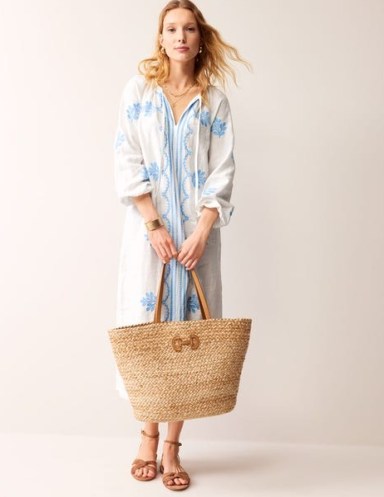 Boden Embroidered Belted Linen Dress in White / kaftan style midi dresses / summer fashion / holiday clothing - flipped
