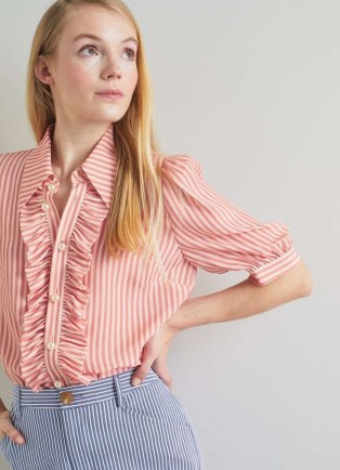 L.K. BENNETT Ensor Pink And Cream Silk Striped Shirt ~ women’s ruffle front shirts ~ puff sleeve collared top - flipped