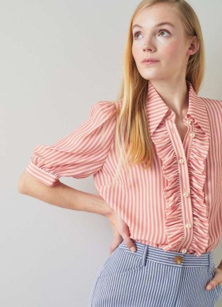 L.K. BENNETT Ensor Pink And Cream Silk Striped Shirt ~ women’s ruffle front shirts ~ puff sleeve collared top