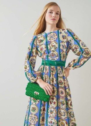 L.K. BENNETT Essie Green Woven Fabric Clutch ~ 70’s vintage style occasion shoulder bags ~ gold chain shoulder strap handbags ~ retro look evening handbag
