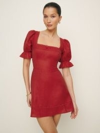 Reformation Evianna Linen Dress in Sundried Tomato / red puff sleeve square neck mini dresses