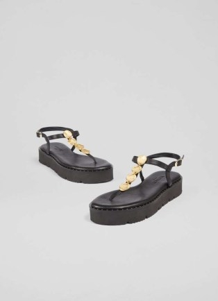 L.K. BENNETT Gaia Black Leather Gold Coin Sandals ~ chunky strappy sandal ~ summer T-bar flatforms - flipped