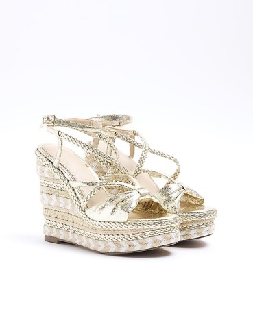 River Island Gold Strappy Espadrille Wedge Sandals | glamorous high heel wedges - flipped