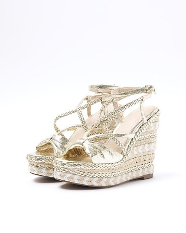 River Island Gold Strappy Espadrille Wedge Sandals | glamorous high heel wedges