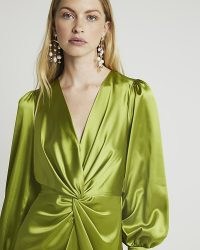 RIVER ISLAND Green Satin Twist Front Shift Maxi Dress / silky long length evening occasion dresses / glamorous party clothing / luxe style going out fashion