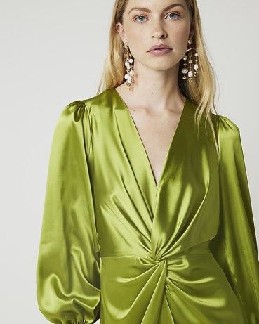 RIVER ISLAND Green Satin Twist Front Shift Maxi Dress / silky long length evening occasion dresses / glamorous party clothing / luxe style going out fashion - flipped