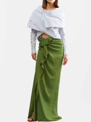 Dries Van Noten Sinas ruffled green crepe maxi skirt | chic long length skirts - flipped