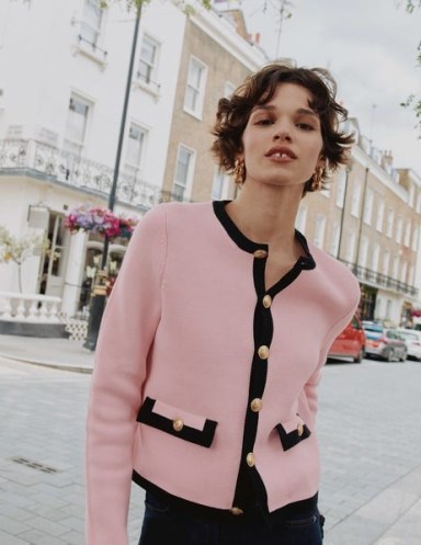 Boden Holly Knitted Jacket in Spring Blossom Pink ~ boxy gold button collarless jackets ~ Chanel style clothing - flipped