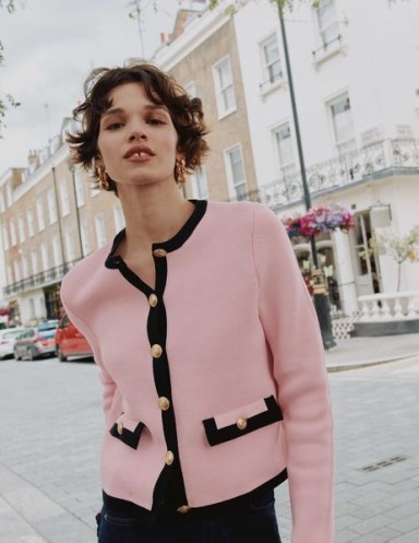 Boden Holly Knitted Jacket in Spring Blossom Pink ~ boxy gold button collarless jackets ~ Chanel style clothing