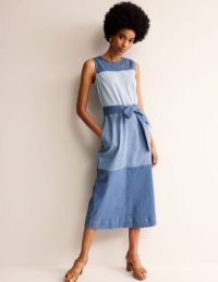 Boden Hotch Denim Midi Dress in Hotched Denim – tonal blue sleeveless tie waist dresses – colour block summer fashion